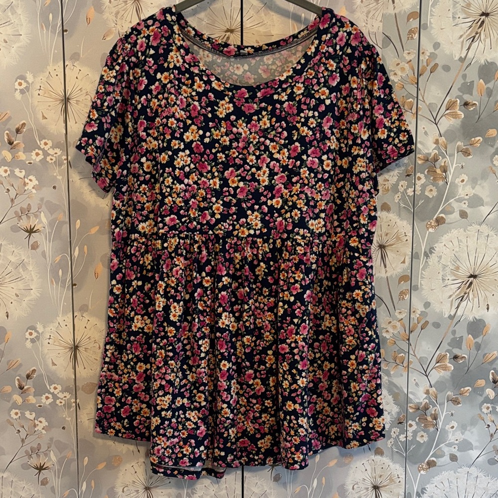 white birch Black Floral Short-Sleeve Peplum Tunic - Pink & Yellow Flowers